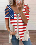 American Flag Star Stripe Cutout Zipper V-Neck Short-Sleeve Tee