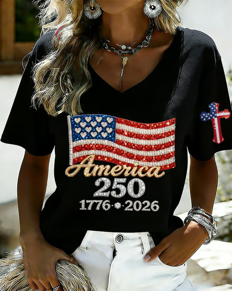 US 250 Anniversary Rhinestone Flag Printed V-Neck Red Short Sleeve T-Shirt