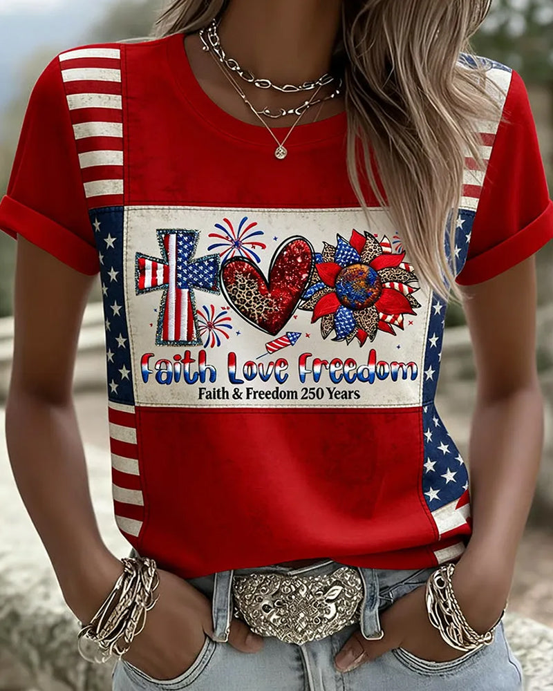Faith Love Freedom Cross Love Flag Printed Red Short Sleeve T-Shirt