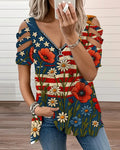 American Flag Floral Cutout Zipper V-Neck Short Sleeve Tee