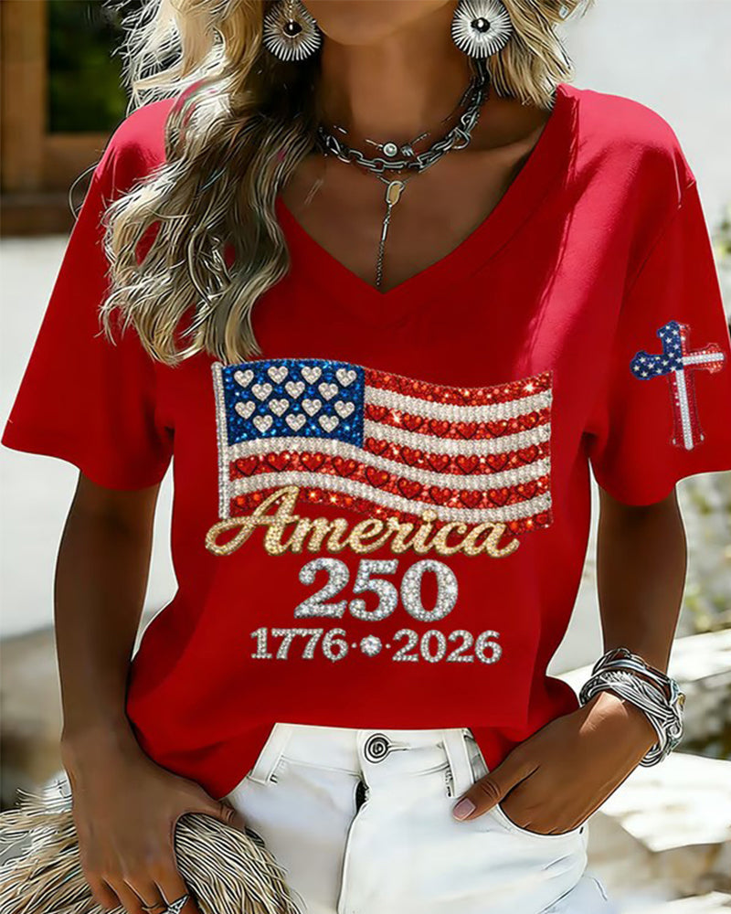 US 250 Anniversary Rhinestone Flag Printed V-Neck Red Short Sleeve T-Shirt