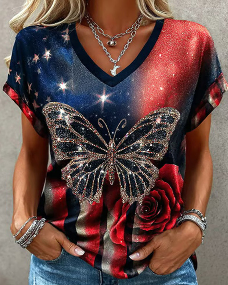 American Flag Star-Striped Rose Butterfly Rhinestone Print V-Neck Short Sleeve Tee