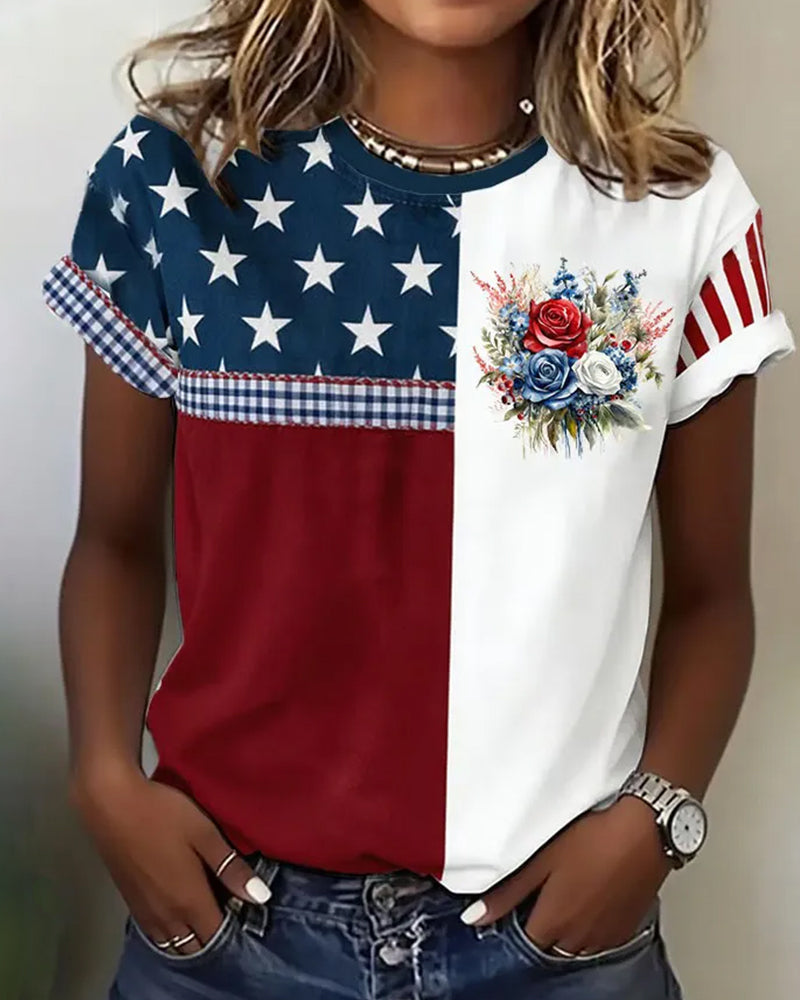 Flag Element Color Block Rose Floral Print Check Stitching Curled Short Sleeve T-shirt
