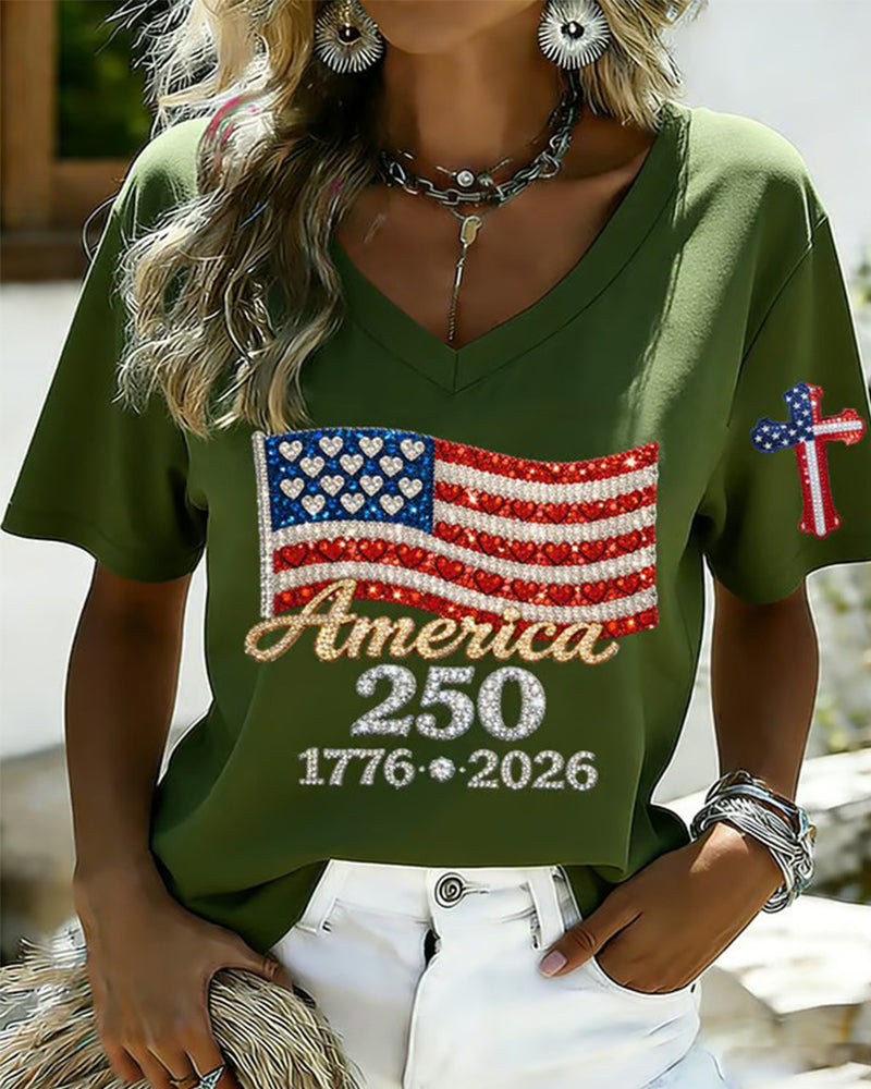 US 250 Anniversary Rhinestone Flag Printed V-Neck Red Short Sleeve T-Shirt