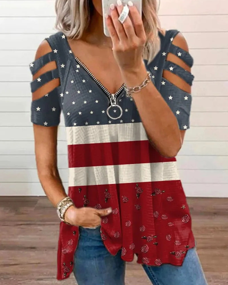 American Flag Star Stripe Rose Print Cutout Zipper V-Neck Short Sleeve Tee