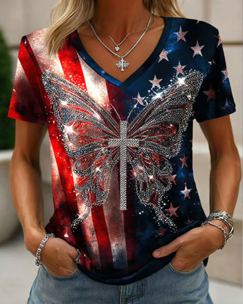 American Flag Star-Spangled Cross Butterfly Rhinestone Print V-Neck Short-Sleeve T-Shirt