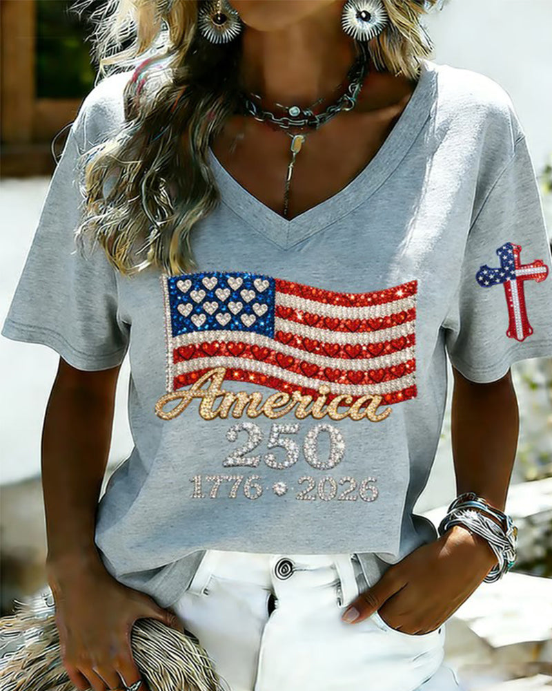 US 250 Anniversary Rhinestone Flag Printed V-Neck Red Short Sleeve T-Shirt