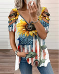 American Flag Sunflower Print Cutout V-Neck Short-Sleeve T-Shirt