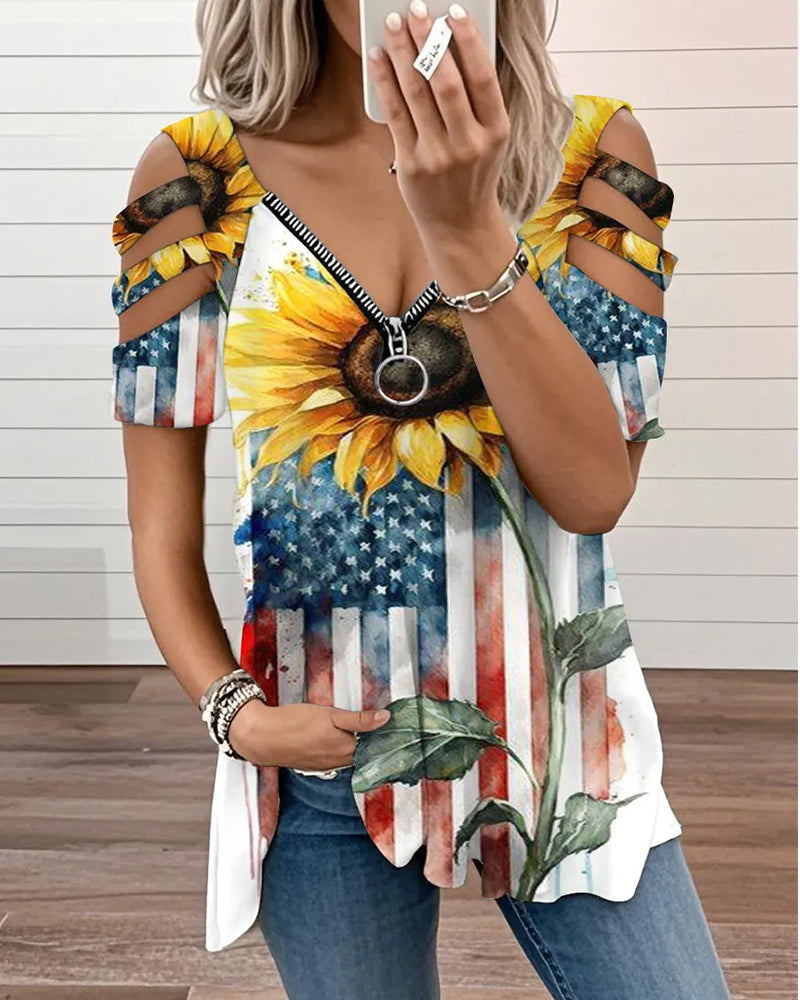 American Flag Sunflower Print Cutout V-Neck Short-Sleeve T-Shirt