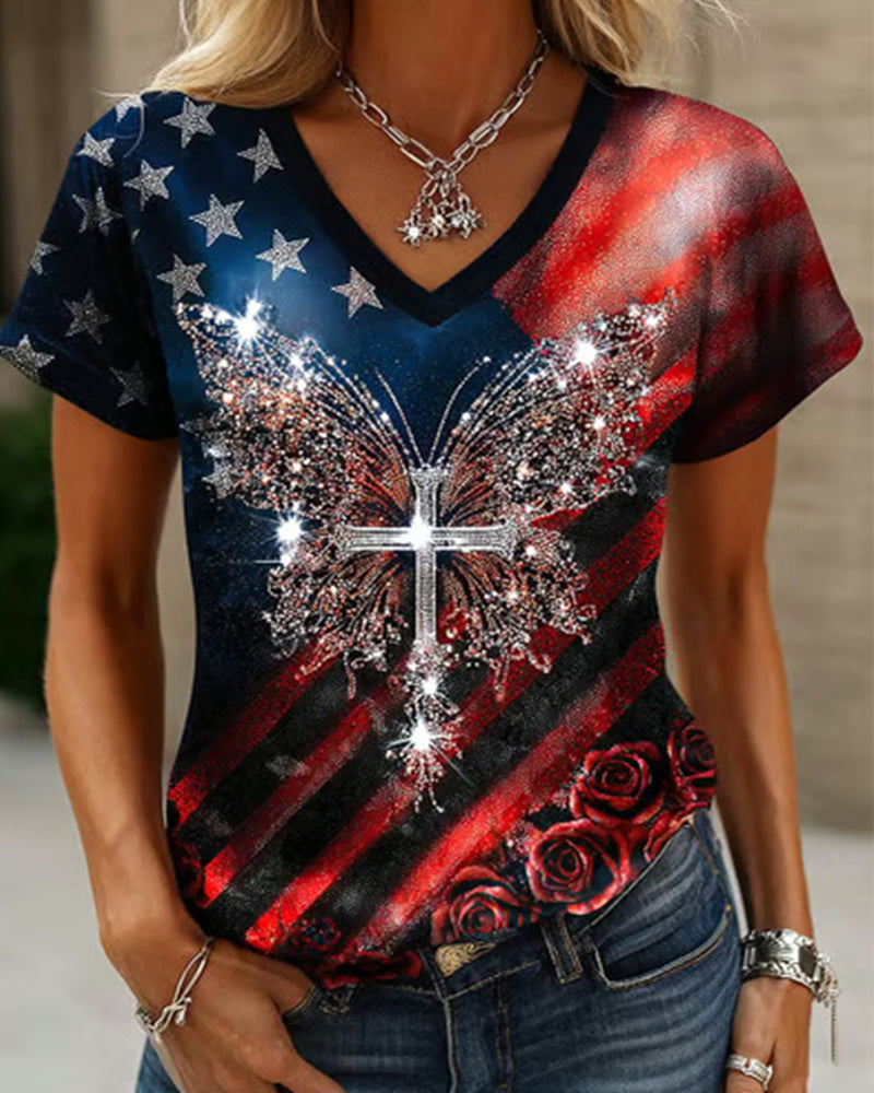 American Flag Star-Striped Rose Cross Butterfly Rhinestone Print V-Neck Short Sleeve Tee