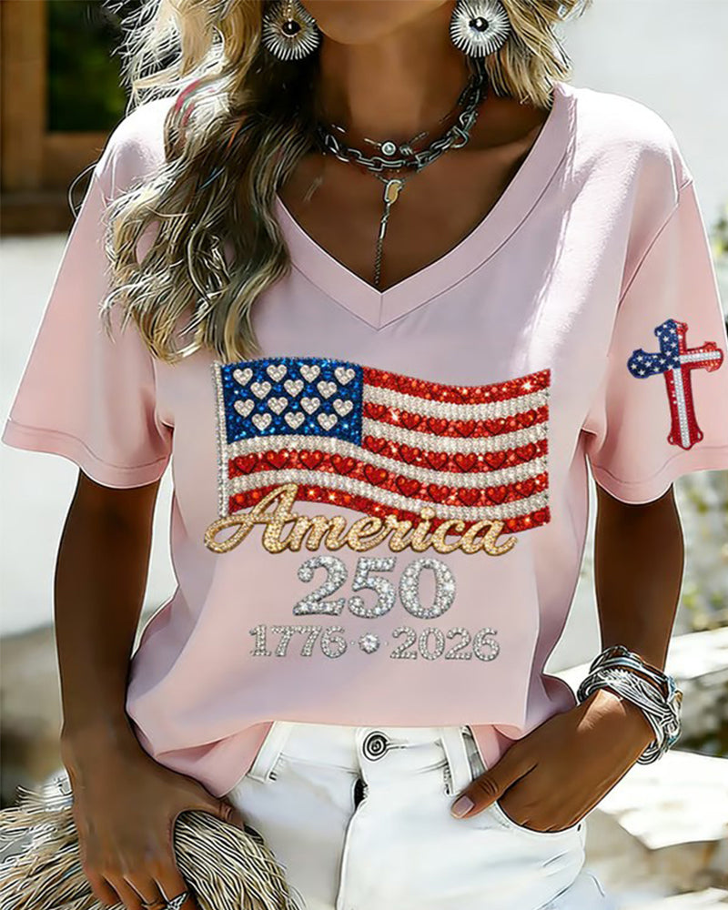US 250 Anniversary Rhinestone Flag Printed V-Neck Red Short Sleeve T-Shirt