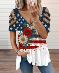American Flag Floral Stitching Cutout Zipper V-Neck Short Sleeve Tee