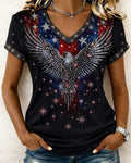 American Flag Star-Spangled Rhinestone Eagle Print V-Neck Short-Sleeve T-Shirt