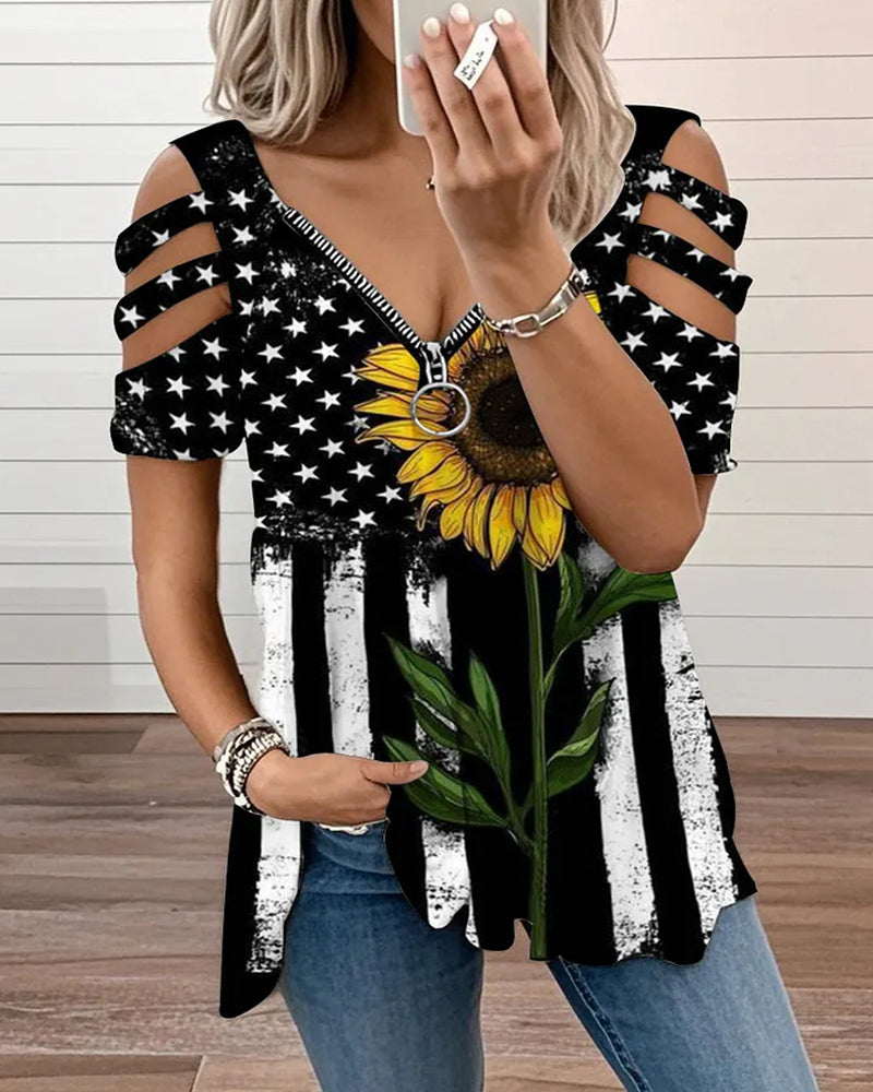 American Flag Sunflower OLD Cutout V-Neck Short Sleeve T-Shirt