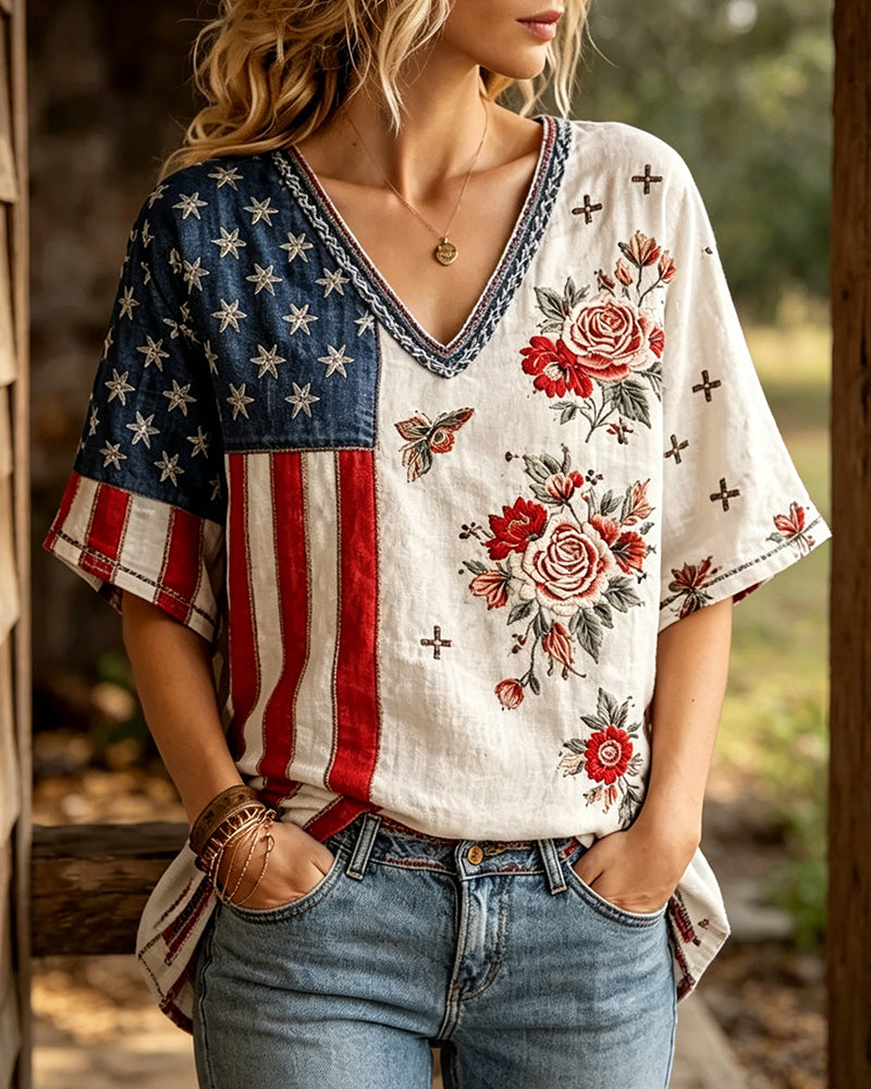American Flag Patchwork Rose Floral Spin Print V-Neck Loose Short-Sleeve T-Shirt