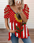 American Flag Sunflower OLD Cutout V-Neck Short Sleeve T-Shirt