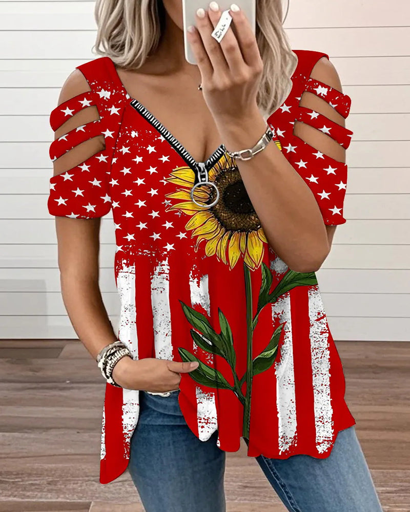 American Flag Sunflower OLD Cutout V-Neck Short Sleeve T-Shirt