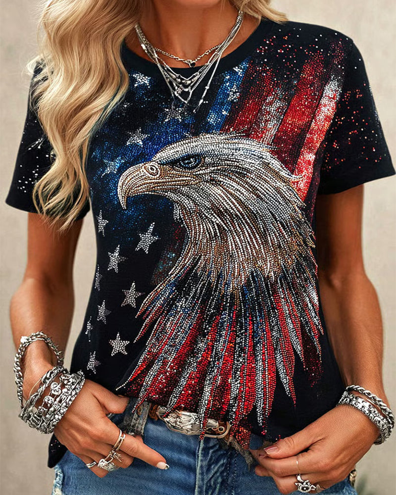 American Flag Rhinestone Eagle Print Round Neck Short Sleeve Tee