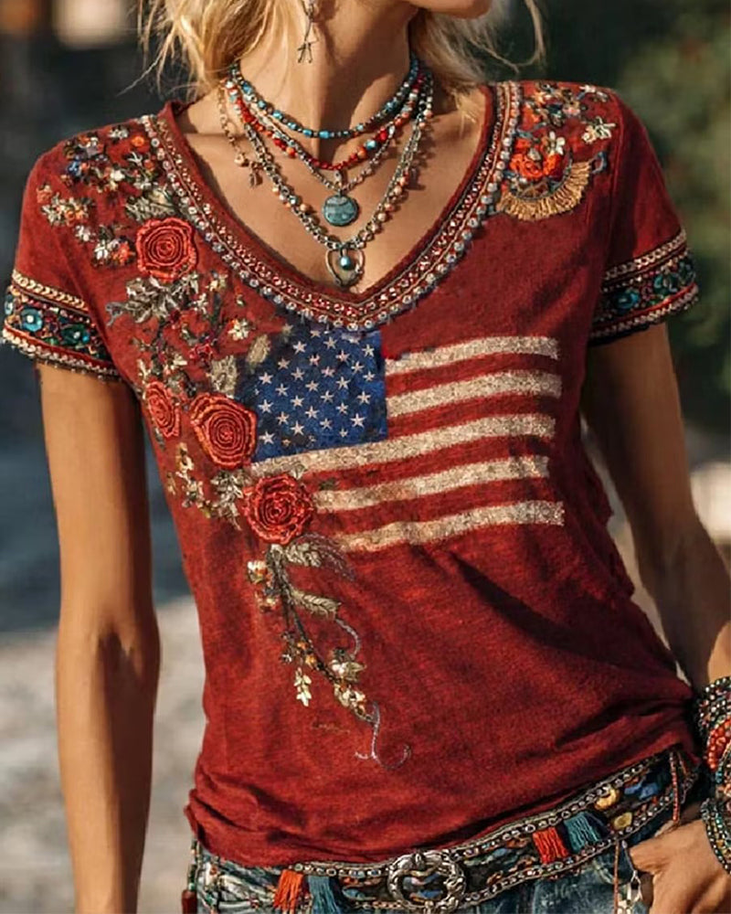 Vintage Distressed Red Flag Rose Bohemian V-neck Short Sleeve T-shirt