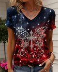 Red And Blue Star Rose Cross Butterfly Rhinestone Print V-Neck Short Sleeve Tee