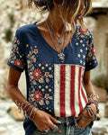 Navy Blue Base With National Flag–Patterned Star And Floral Accents, V-Neck Casual Short-Sleeve T-Shirt