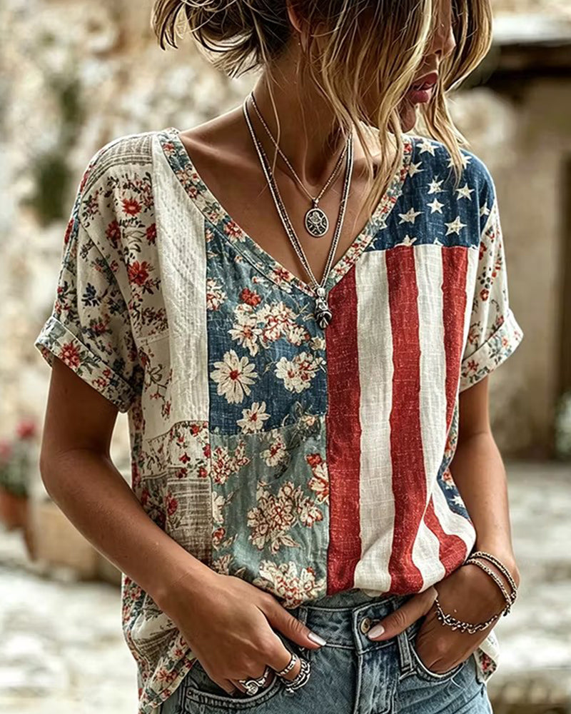 Flag Element Floral Stitching Old V-Neck Loose Curl Short-Sleeve T-Shirt