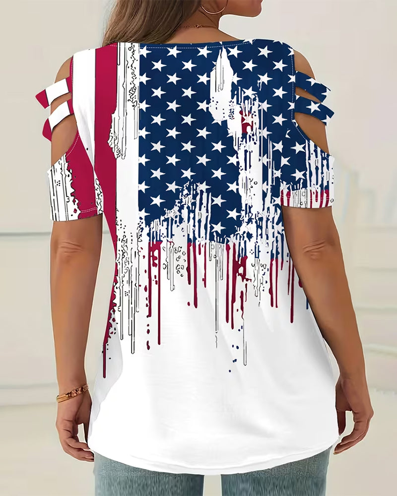American Flag Drop Graffiti Cutout V-Neck Short-Sleeve Tee