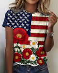 American Flag Poppy Daisy Casual Round Neck Short Sleeve T-Shirt