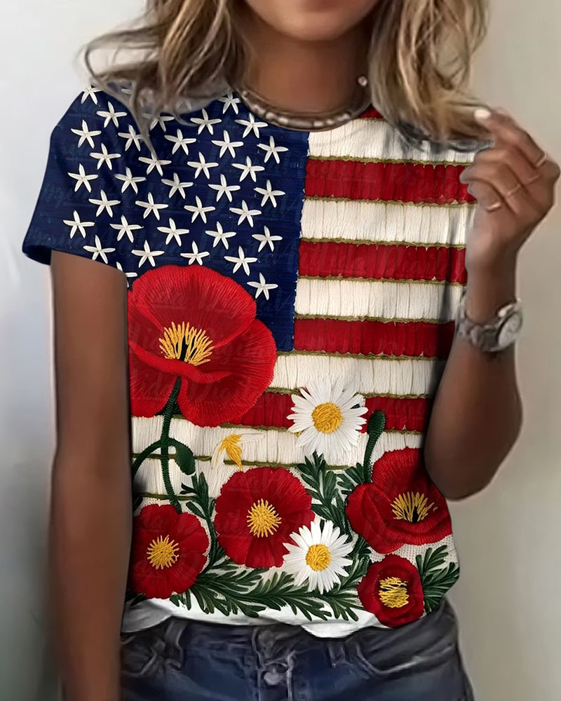American Flag Poppy Daisy Casual Round Neck Short Sleeve T-Shirt