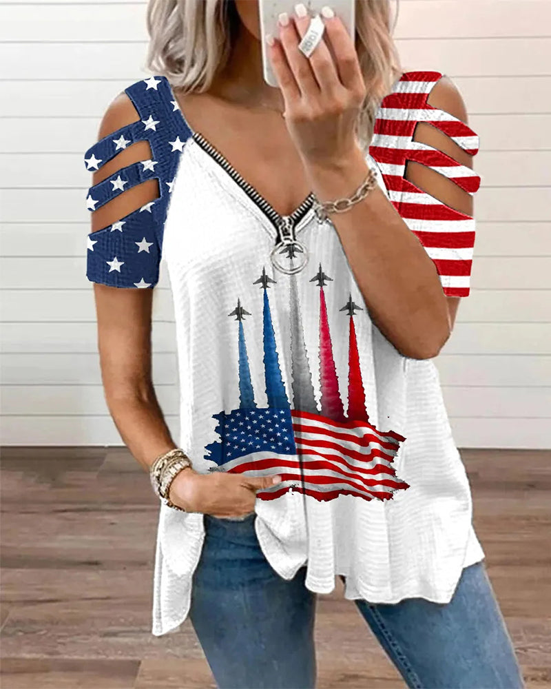 American Flag Airplane Fireworks Cutout Zipper V-Neck Short Sleeve Tee