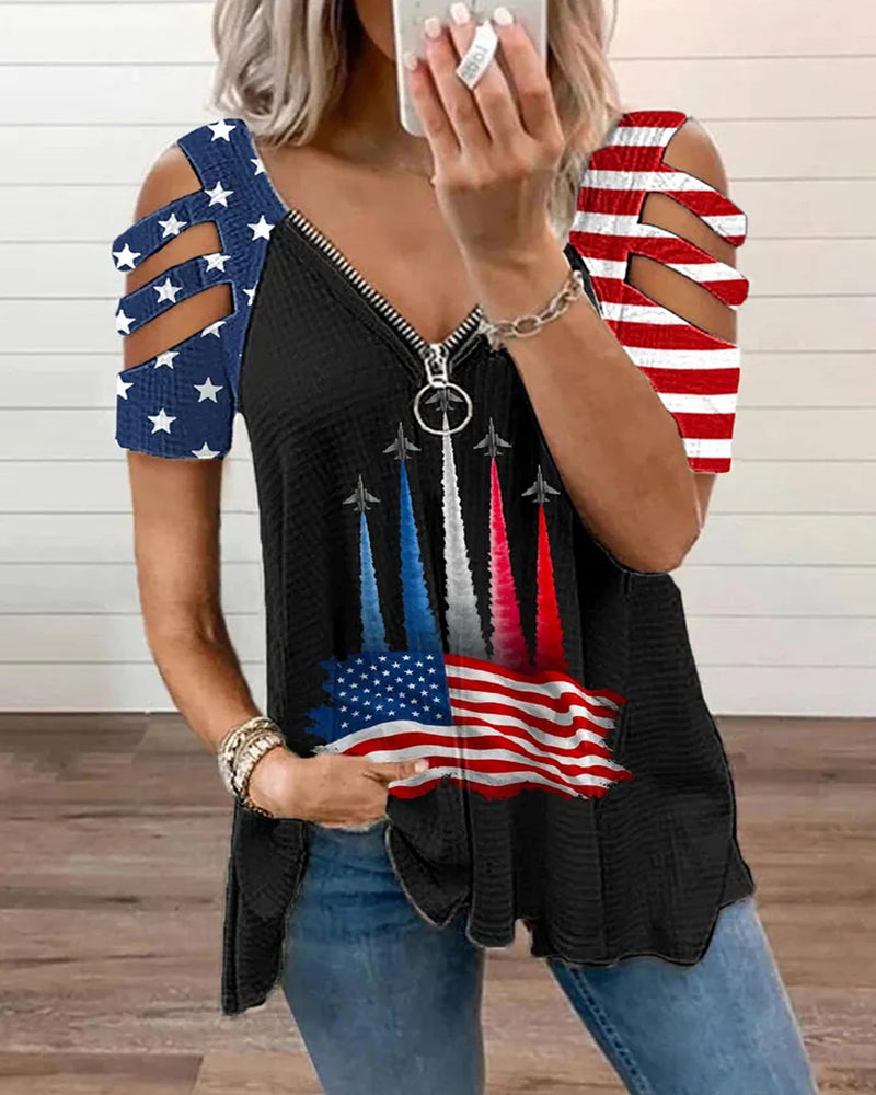 American Flag Airplane Fireworks Cutout Zipper V-Neck Short Sleeve Tee