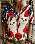 Flag Element Cat Poppy Round Neck Short Sleeve Tee