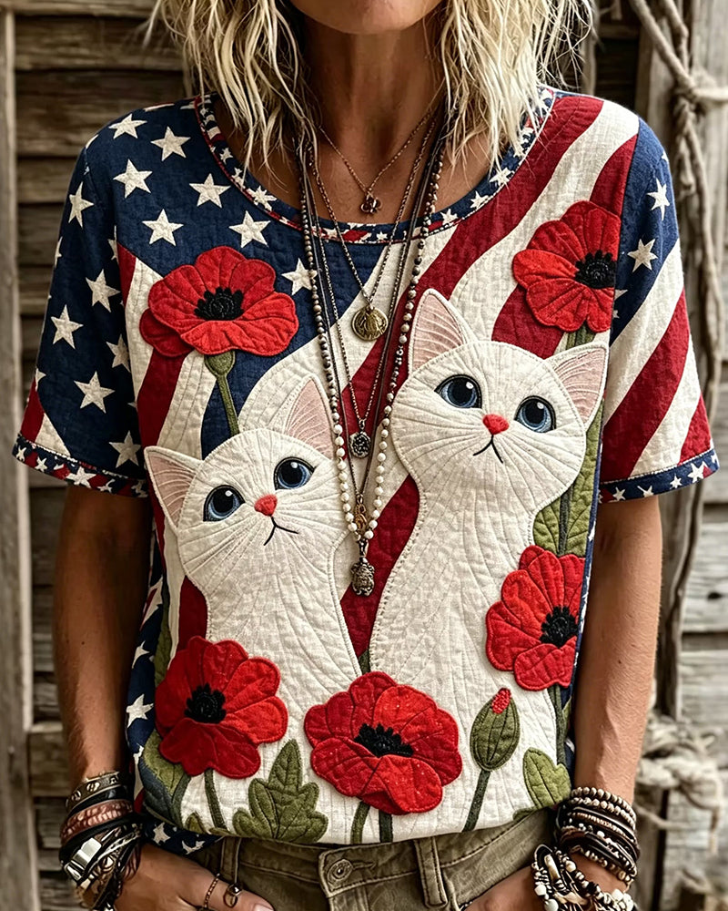 Flag Element Cat Poppy Round Neck Short Sleeve Tee