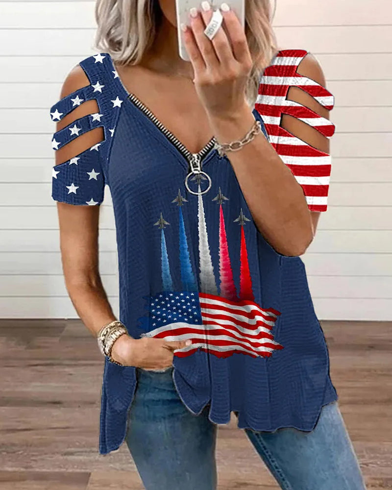 American Flag Airplane Fireworks Cutout Zipper V-Neck Short Sleeve Tee