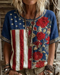 Flag Stitching Rose Ethnic Crewneck Short-sleeved T-shirt