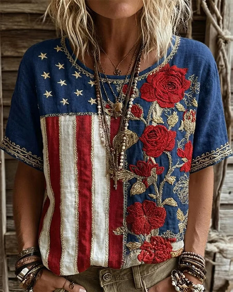 Flag Stitching Rose Ethnic Crewneck Short-sleeved T-shirt