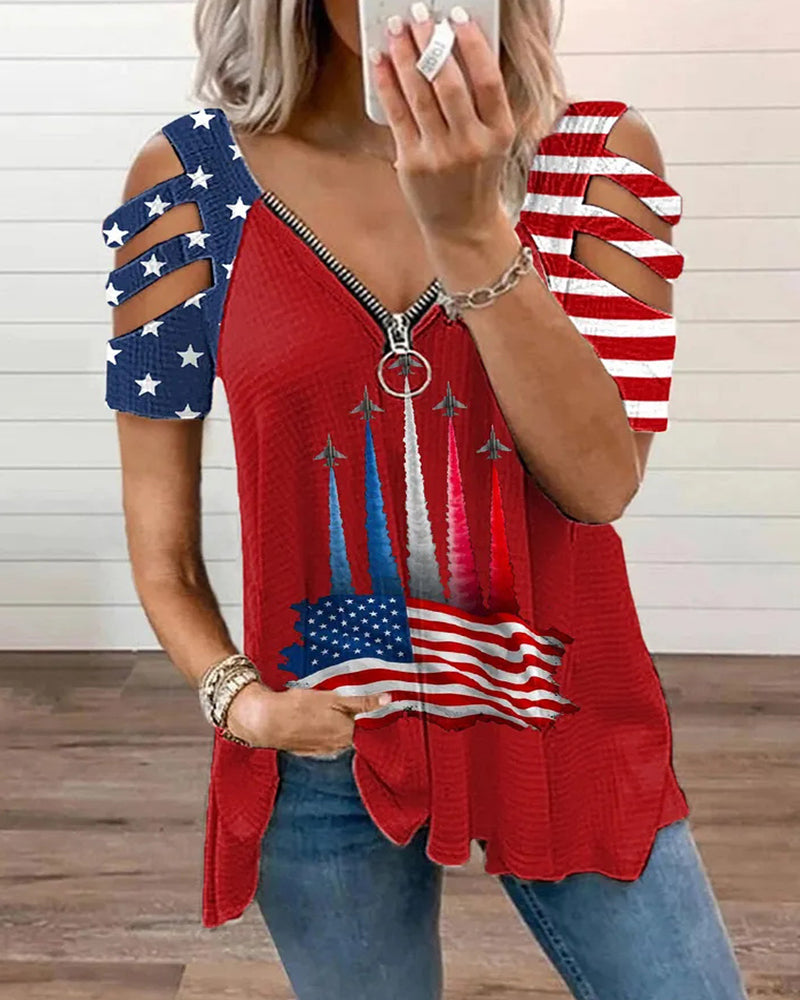 American Flag Airplane Fireworks Cutout Zipper V-Neck Short Sleeve Tee