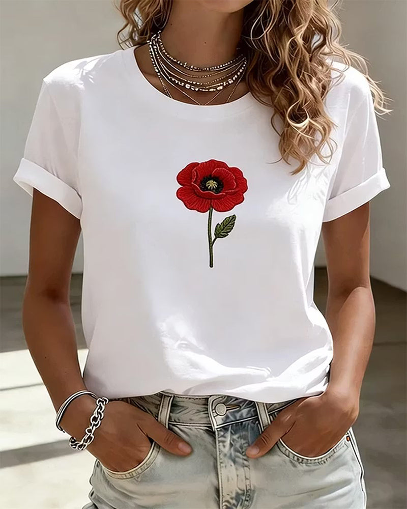 Simple Style Poppy Flower White Basic Short-sleeved T-shirt