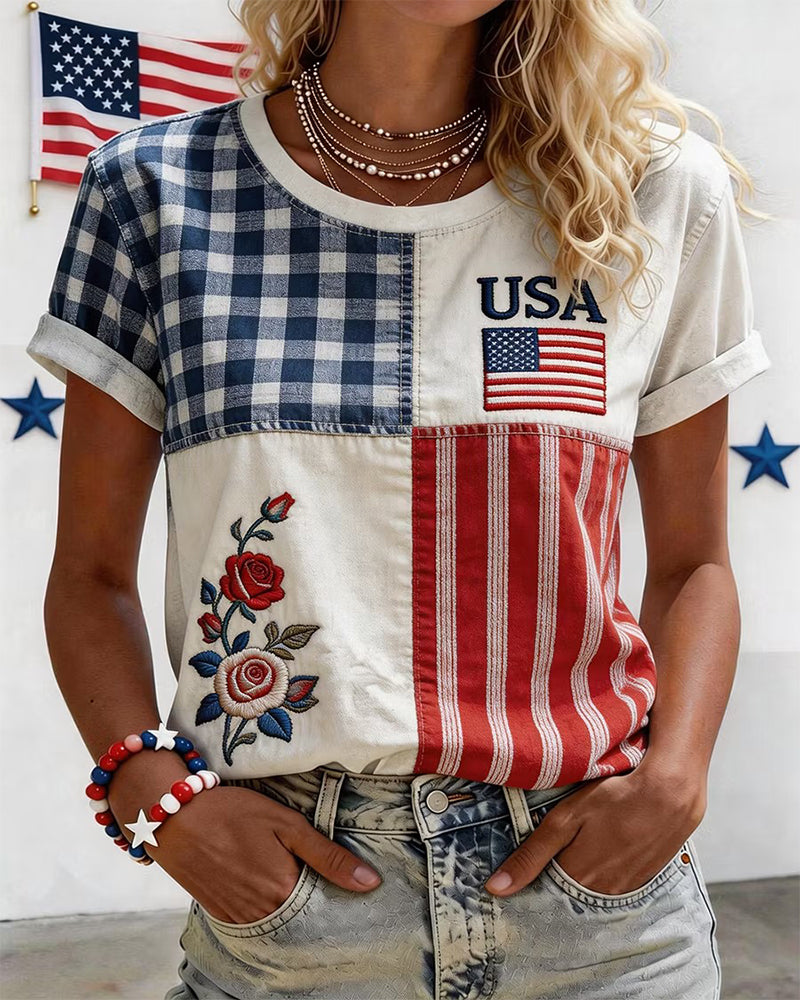 Plaid Flag Elements Stitching USA Letter Short Sleeve T-Shirt