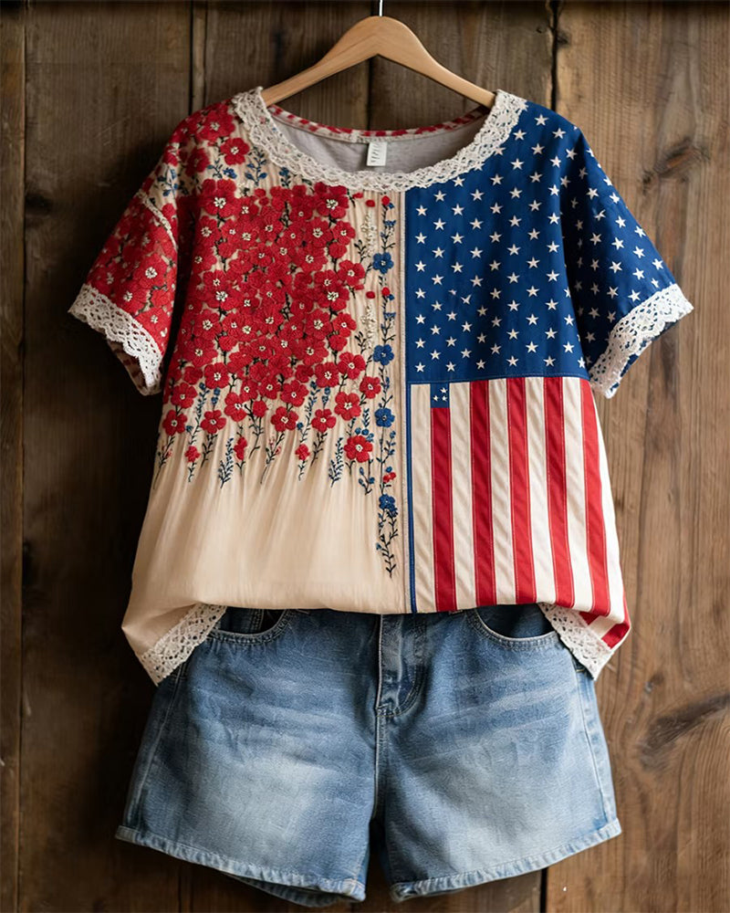 American Flag Patchwork Floral Print Round Neck Short Sleeve T-Shirt
