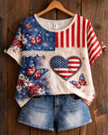 Flag Heart Print Butterfly Floral Patchwork Round Neck Short Sleeve Tee