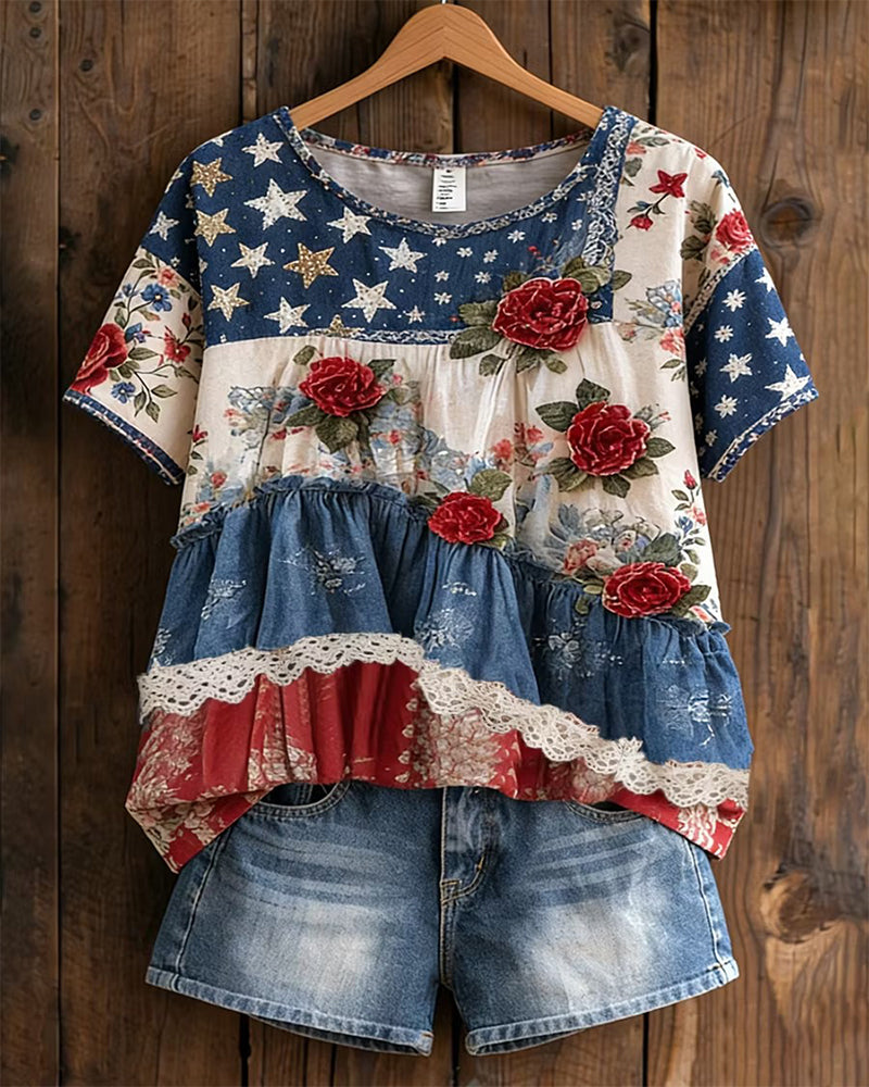 Star Flag Patchwork Rose Printed Loose Short Sleeve T-Shirt
