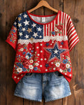 Red Background Flag Star Flower Patchwork Round Neck Short Sleeve T-shirt