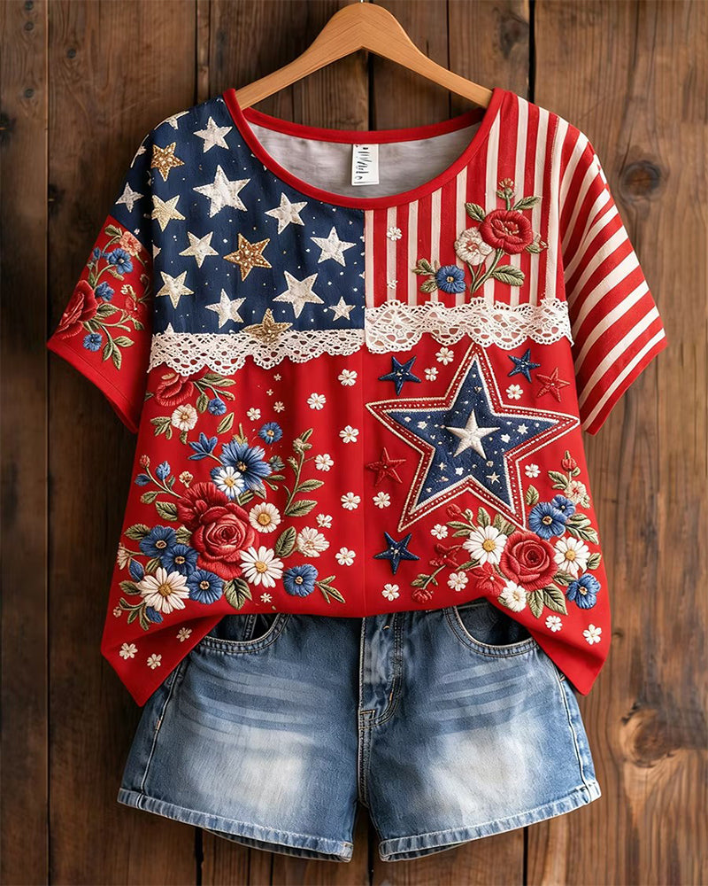 Red Background Flag Star Flower Patchwork Round Neck Short Sleeve T-shirt