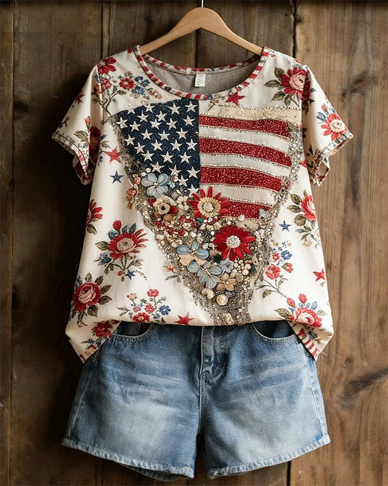 Floral Bottom Flag Heart Flower Round Neck Short Sleeve Tee