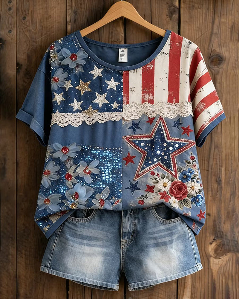 Denim Style Flag Star Flower Collar Short Sleeve T-Shirt