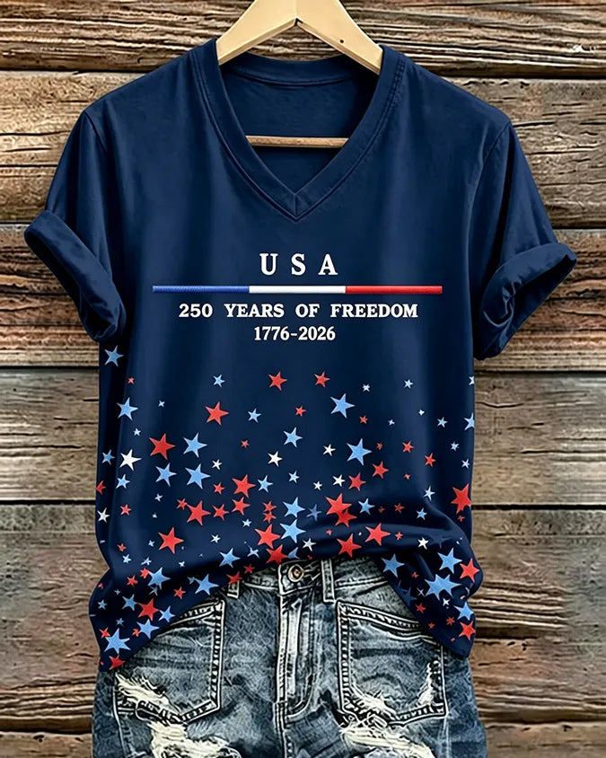 USA Independence Day Print V-neck Short Sleeve Tshirt
