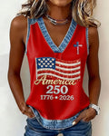 250th Anniversary Flag Cross Print V-Neck Tank Top
