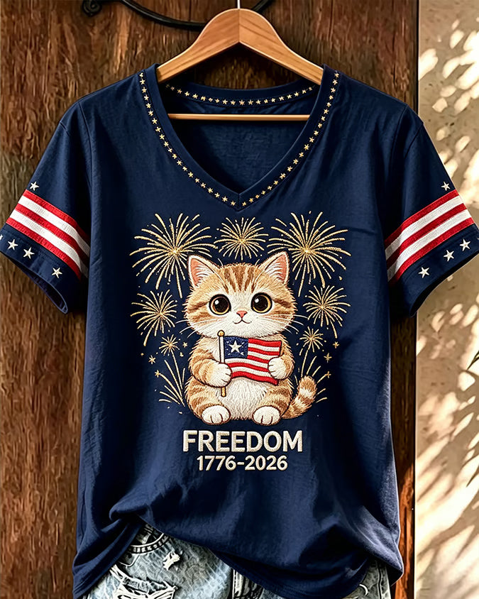 250th Anniversary Cat Fireworks Print V-neck Short Sleeve Tshirt