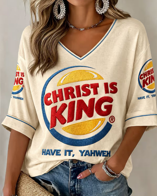 Christ Is King Print V-neck Loose T-shirt